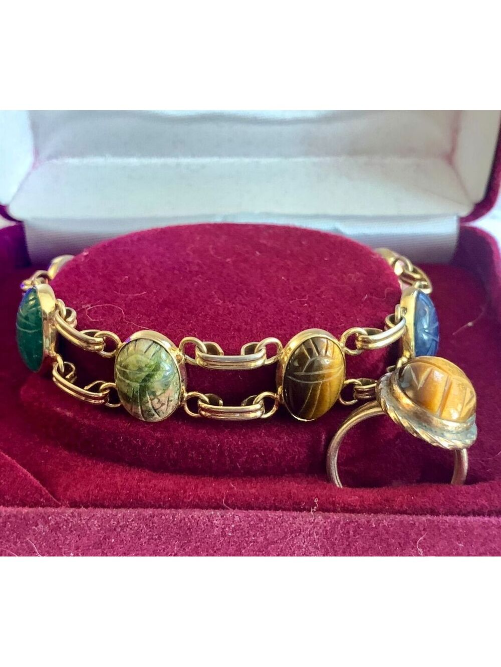 Vintage Multi-Stone Carved Scarab Bracelet and Matching Ring Set